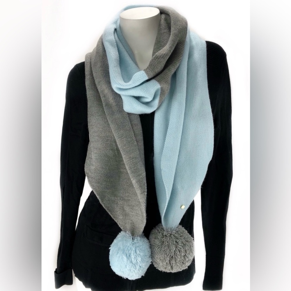 Kate Spade Gray and Light Blue Scarf with Pom Poms